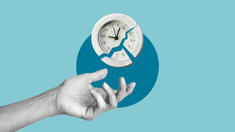 Illustration of a hand holding a clock breaking apart.
