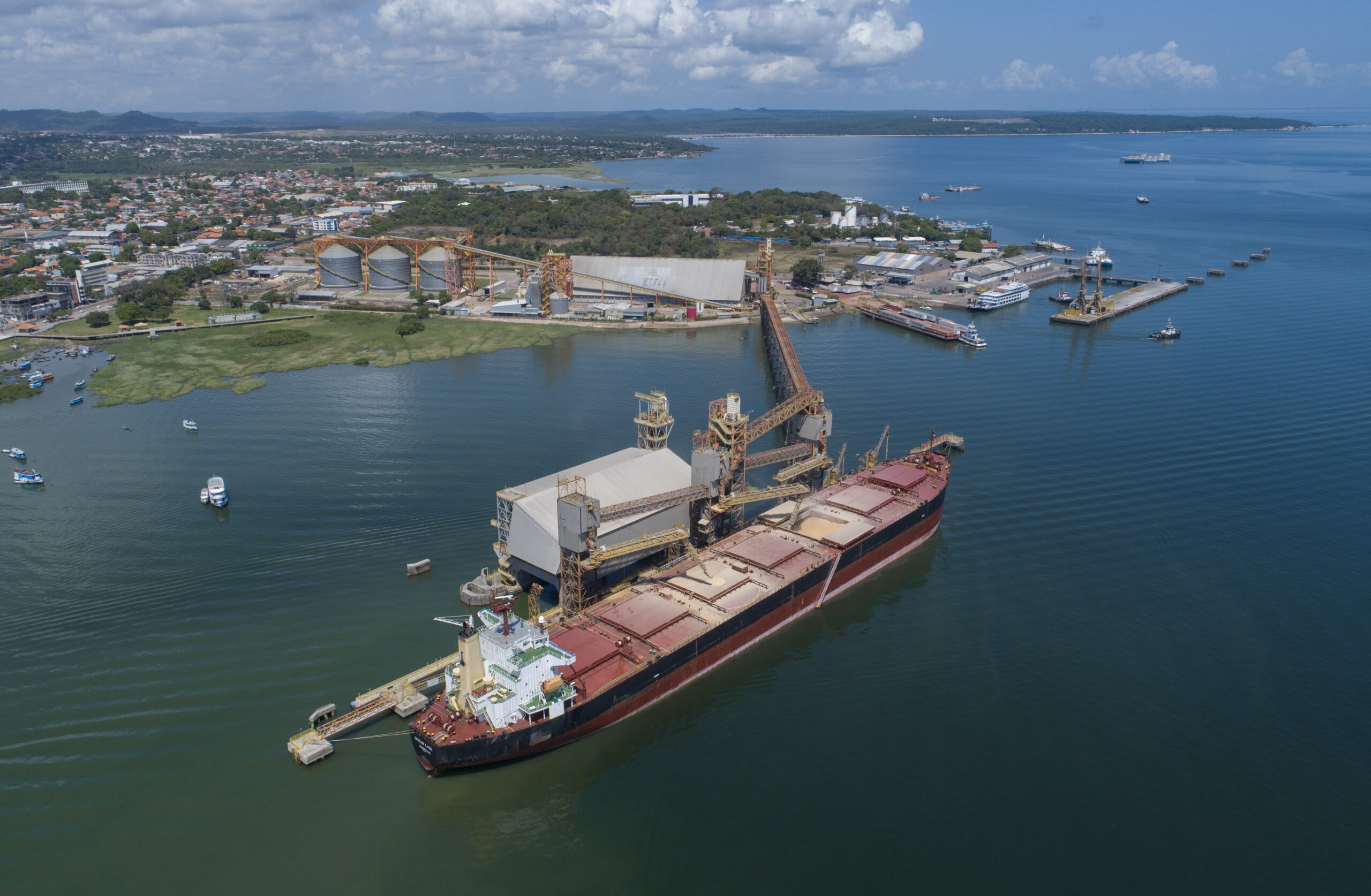 A bulk carrier is loaded with corn at the Cargill port in Santarem, Para state, Brazil, Wednesday, Aug. 26, 2020. Fishermen in the area blame cargo ships and ferries routed to the Santarém port which takes Brazil's soybeans, beef and corn abroad, of muddying the waters. Image by AP Photo/Andre Penner.