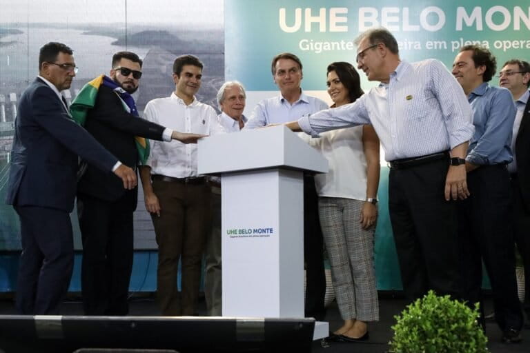 Then-President Jair Bolsonaro (center) officially inaugurates Belo Monte in November 2019, when the last of the power plant’s 18 turbines started operation.