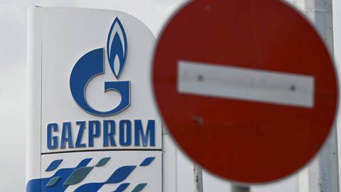 Gazprom logo displayed at a petrol station in Sofia, Bulgaria, on April 27, 2022, as Russia halts gas supplies to Bulgaria and Poland over ruble payment dispute.