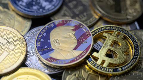 Donald Trump-themed coin placed beside Bitcoin and other cryptocurrencies, arranged for a staged photo illustration, Brussels, Belgium, August 5, 2025.
