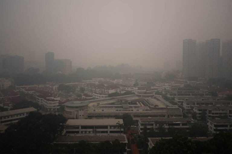 A haze hanging over Singapore in Sept., 2015, from buring forests in Sumatra and Borneo.
