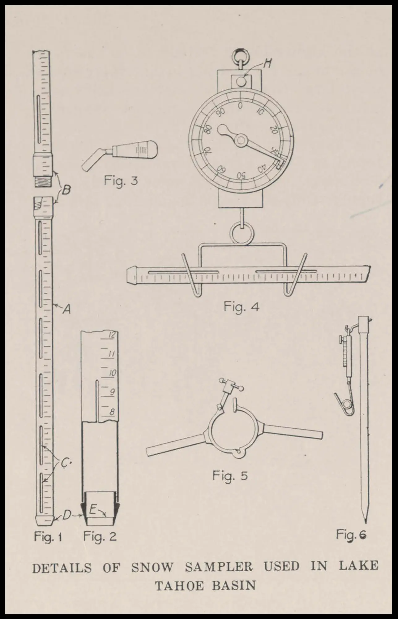 An old blueprint of James Church's snow sampler, which consists of a long metal tube with a serrated bit on the end, and a hand scale for weighing.