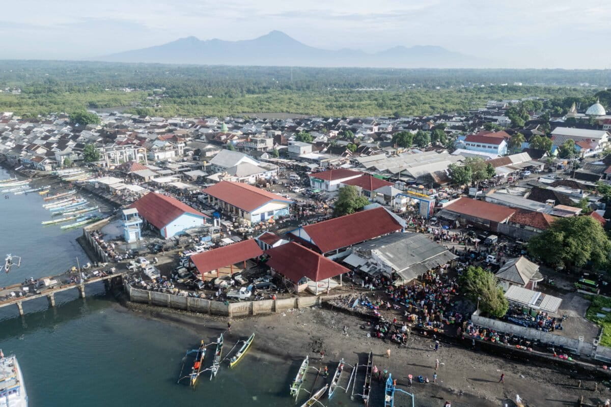 An aerial view of Tanjung Luar village and market, with Mount Rinjani looming in the distance, shows fish are hauled ashore every day in this hub of a booming trade that provides a livelihood for local fishers on the Indonesian island of Lombok.
