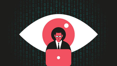 Illustration of a giant eye watching a man on a computer.