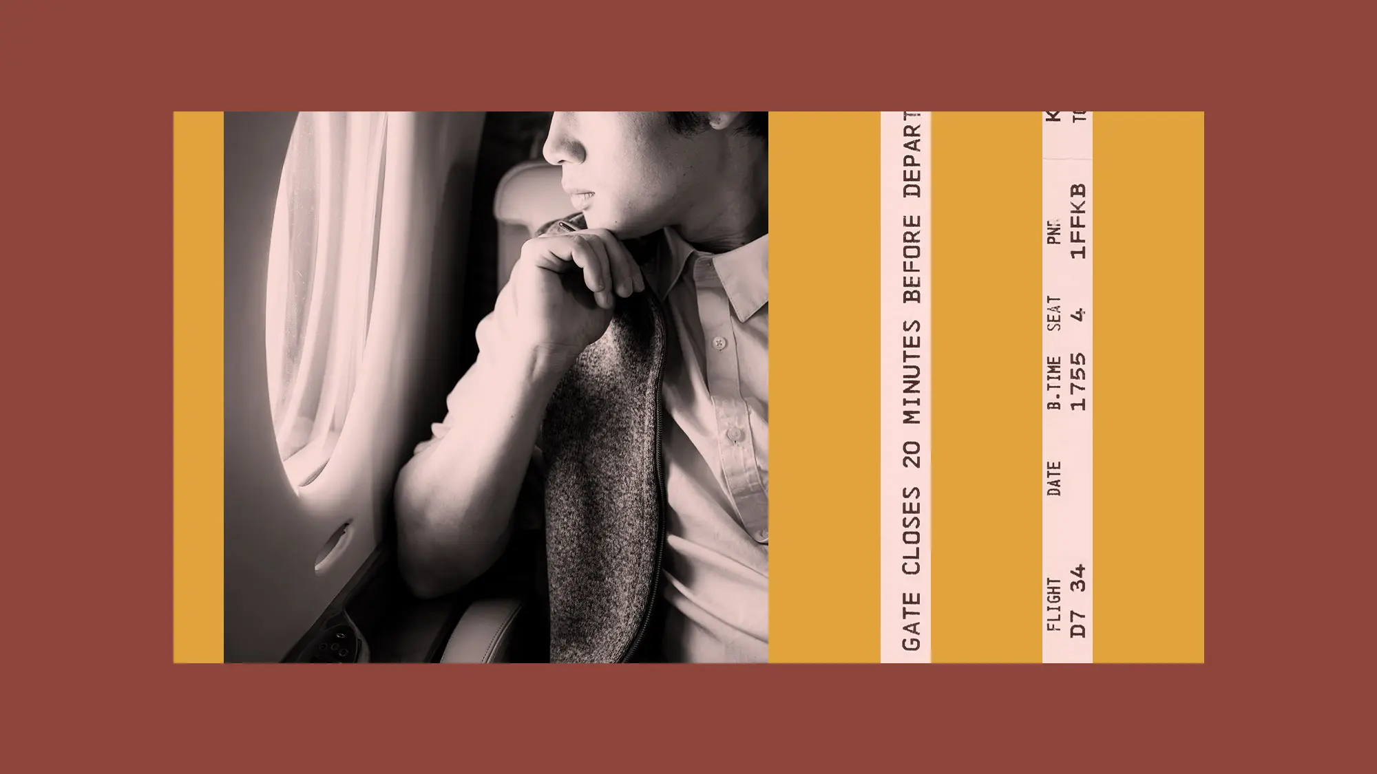 Collage of person looking out plane window and snippets of boarding pass