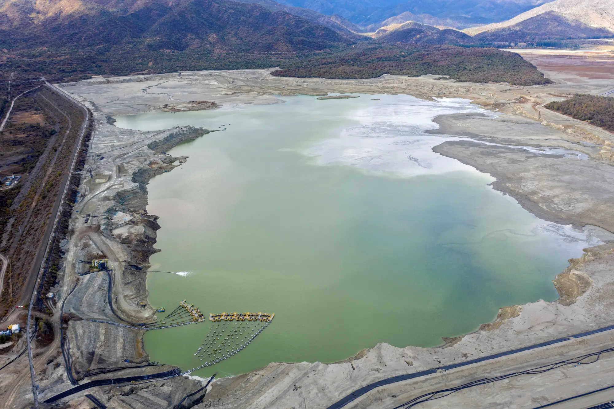 An aerial view of a tailings pond used to store byproducts of a copper mine in Rancagua, Chile in 2019.