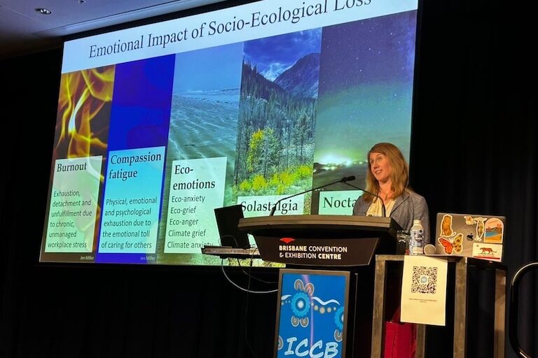 Jen Miller leading a Revive resilience workshop with conservationists at the International Congress on Conservation Biology in Brisbane, Australia, June 2025. Image courtesy of Stephanie Klarmann.