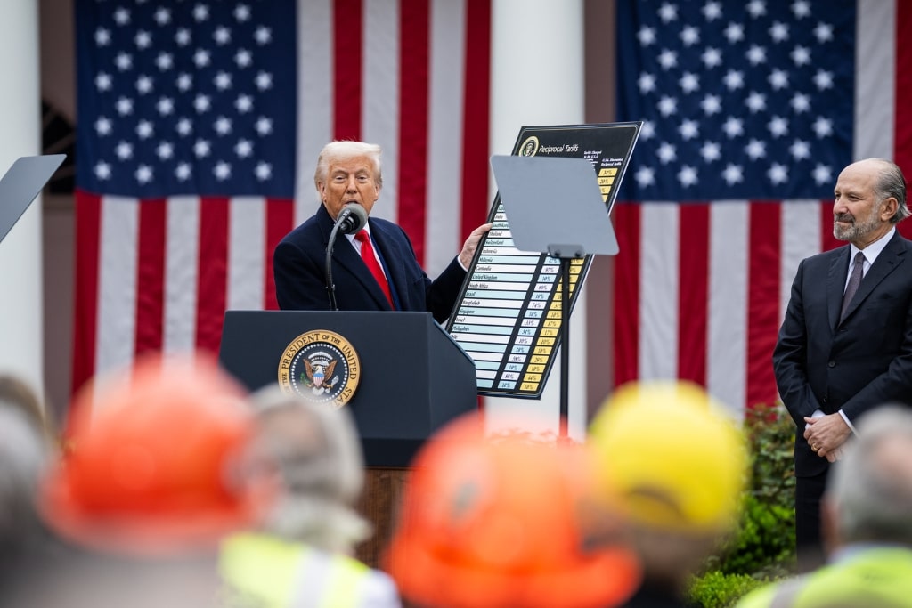 President Donald J. Trump delivers remarks on the Administration’s tariff plans on April 2, 2025, in the White House Rose Gardent.