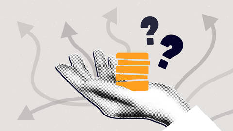 Illustration of hand holding coins with floating question marks.