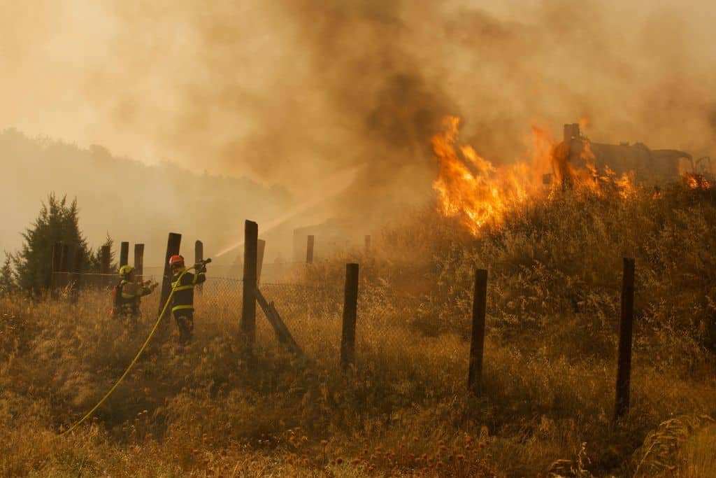 French firefighters, deployed in Spain via the EU Civil Protection Pool, assess the advancing wildfire from the mountainside.