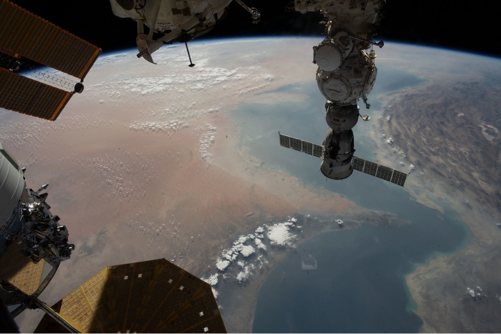 The Strait of Hormuz, which connects the Gulf of Oman with the Persian Gulf, photographed from the International Space Station.