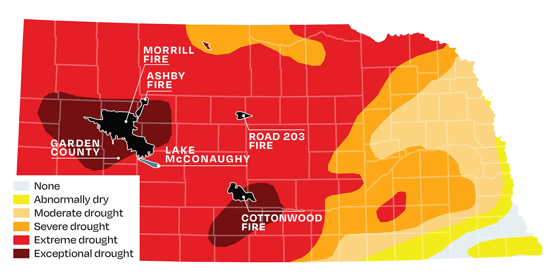 a map of Nebraska showing drought extremity levels by color alongside shapes of wildfires