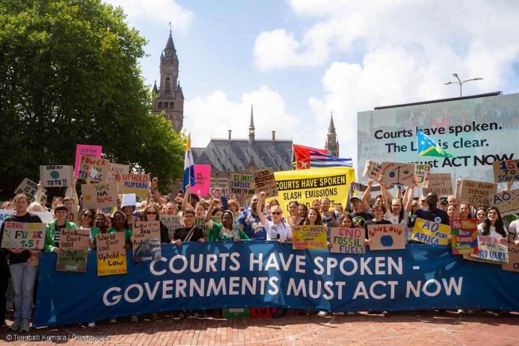 Demonstrations in front of the Peace Palace in The Hague ahead of the court's delivery of its advisory opinion on climate change on July 23, 2025.