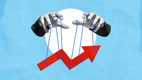 Illustration of hands manipulating direction of an arrow.