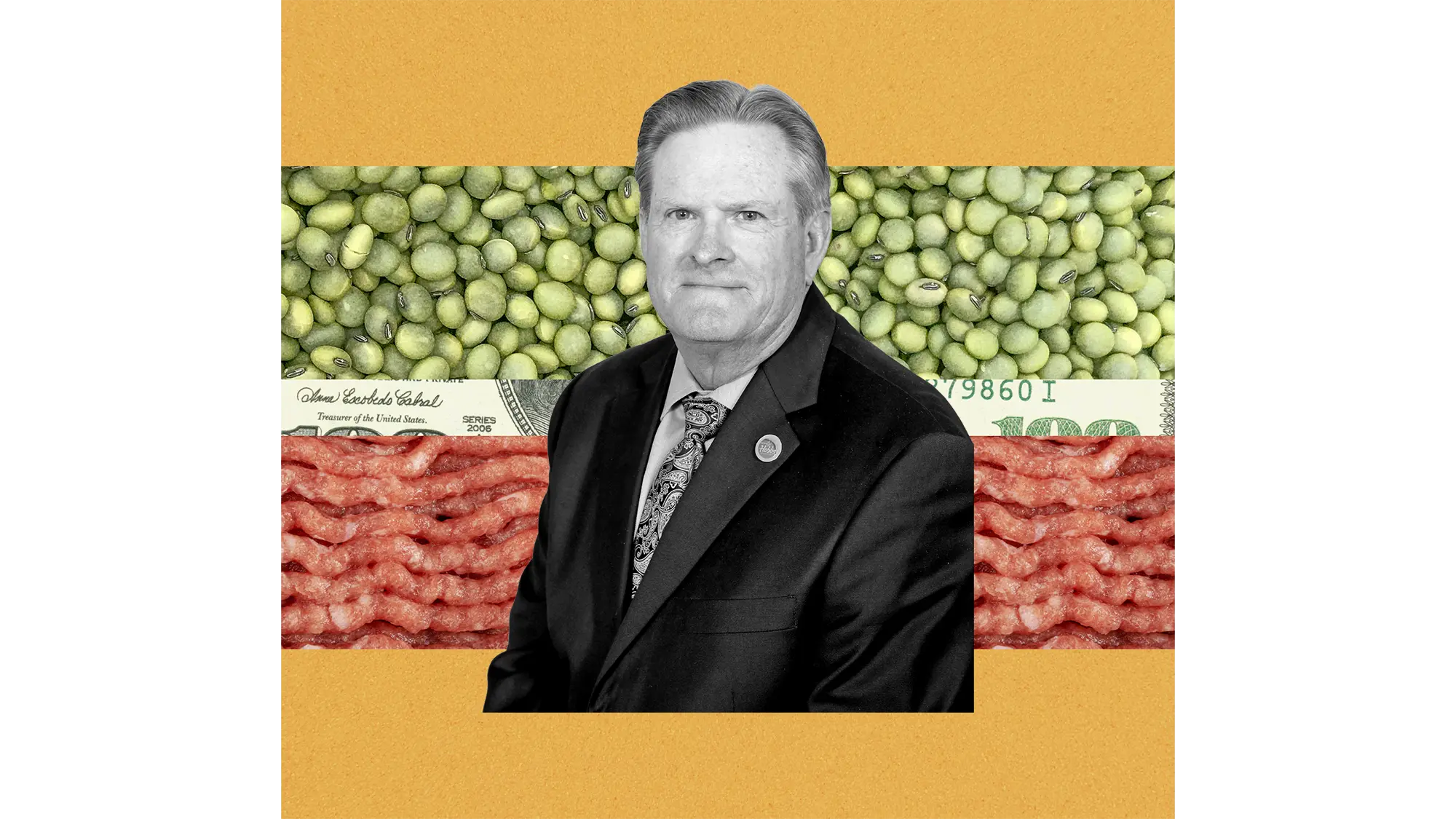 collage of a cutout of a man on top of a pattern of soybeans, a one hundred dollar bill, and ground beef