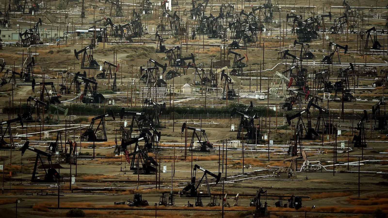 Dozens of oil pumpjacks are seen at the Kern River Oil Field in Bakersfield, California.