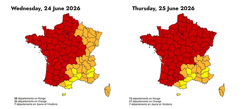 France's mainland departments under red heatwave alerts on Wednesday, June 24, and Thursday, June 25, 2026.