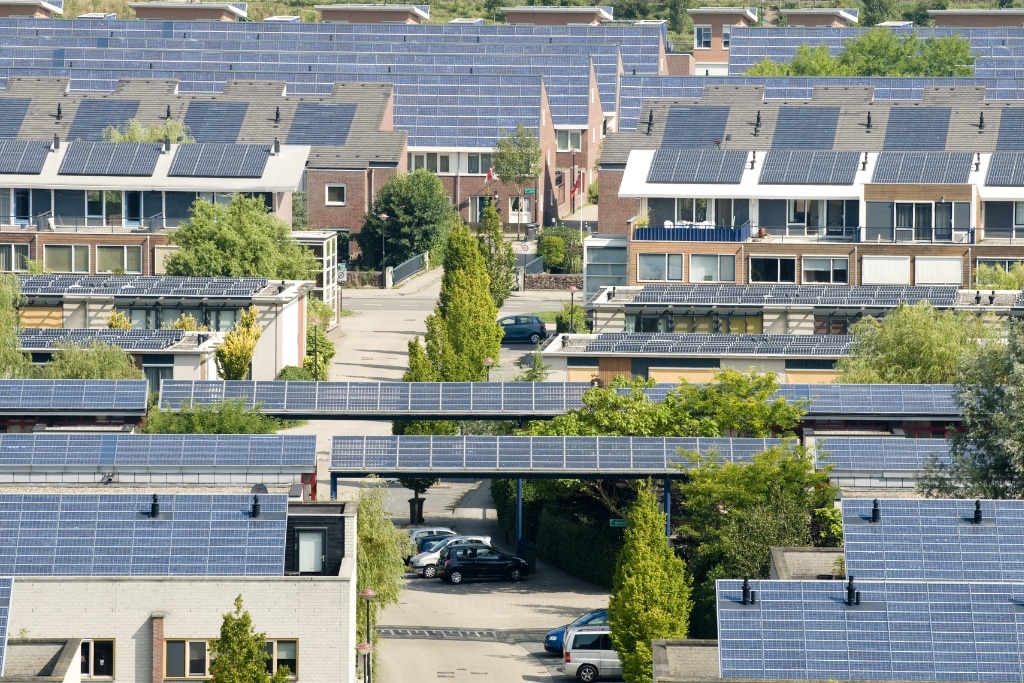 Solar panels on the roofs of housing in the Nieuwland district of Amersfoort, Netherlands.